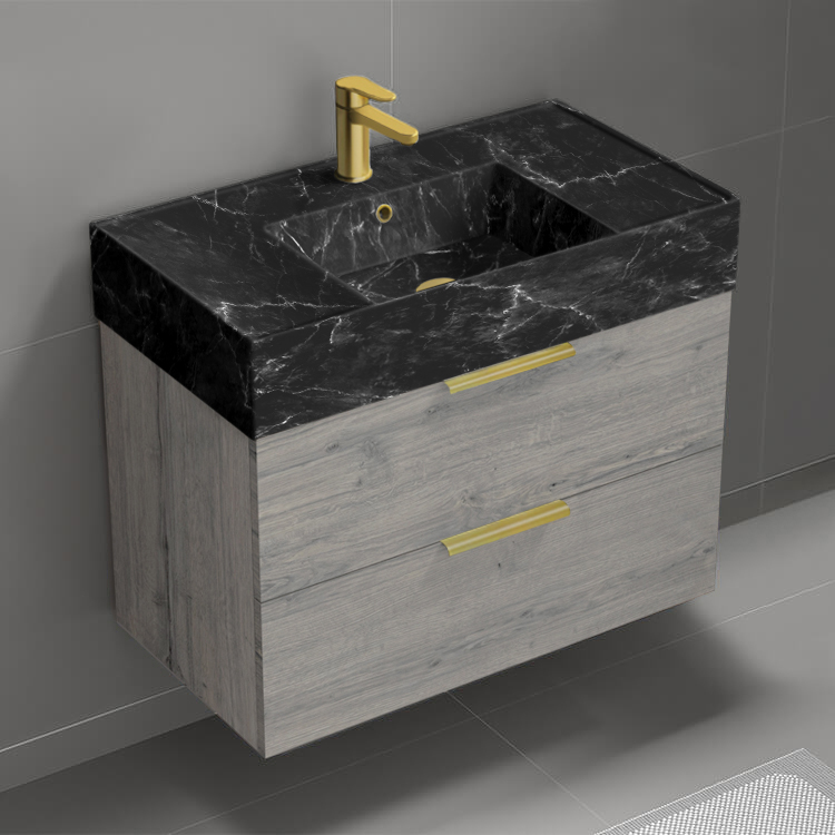 Nameeks DERIN892 Wall Mounted Bathroom Vanity With Black Marble Design Sink, Modern, 32 Inch, Grey Oak